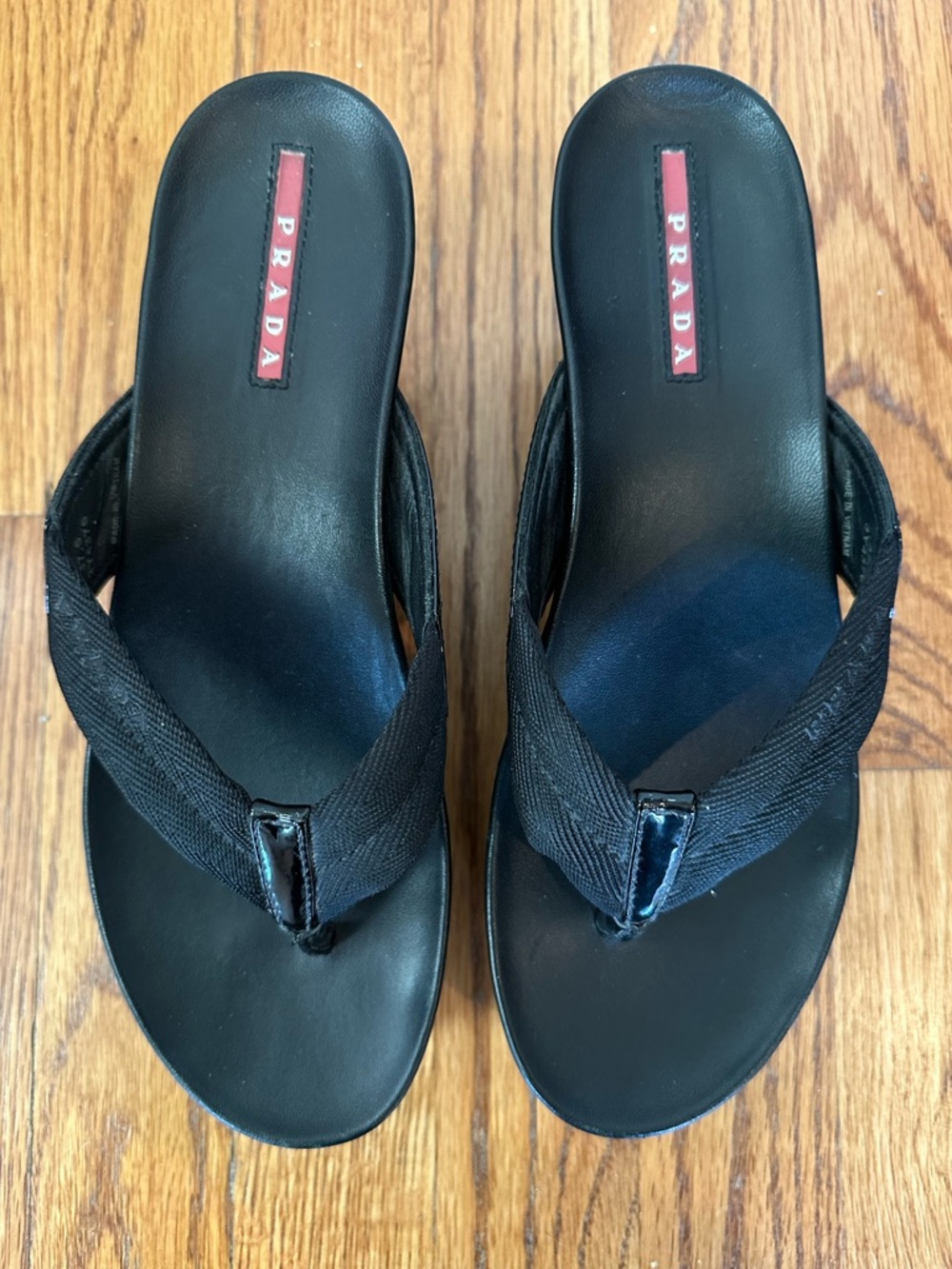 Prada Black Wedge Thong Sandals with Logo Plaque - Picture 2 of 6